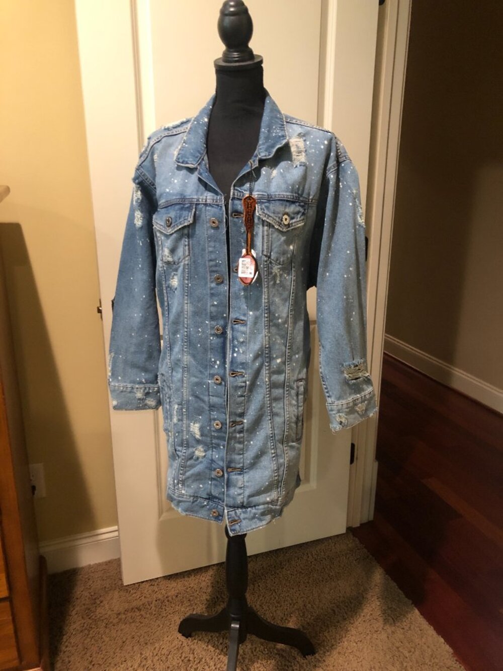 Denim Dress Coat/ Jacket, distressed, size M